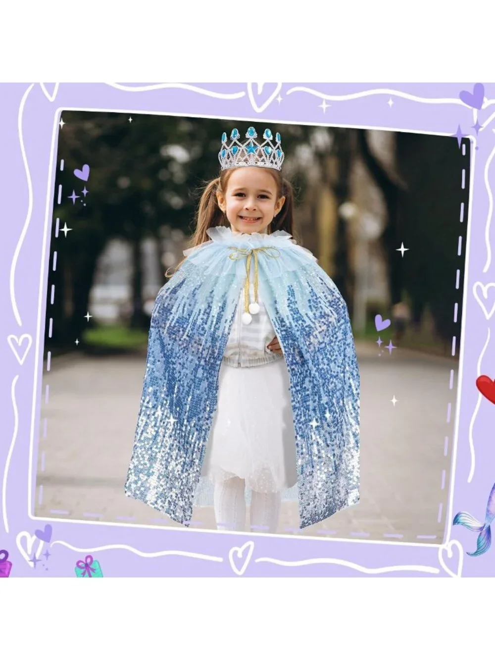 Mermaid Princess Dress Up Cape with Crown Costume Set for Girls -Ice Blue
